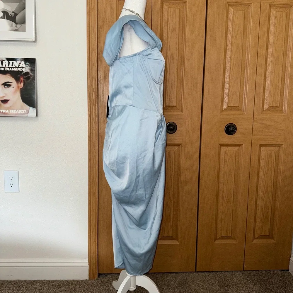 PrettyLittleThing Baby Blue Corset Draped Bardot Midi Dress US 10 NWT Cocktail